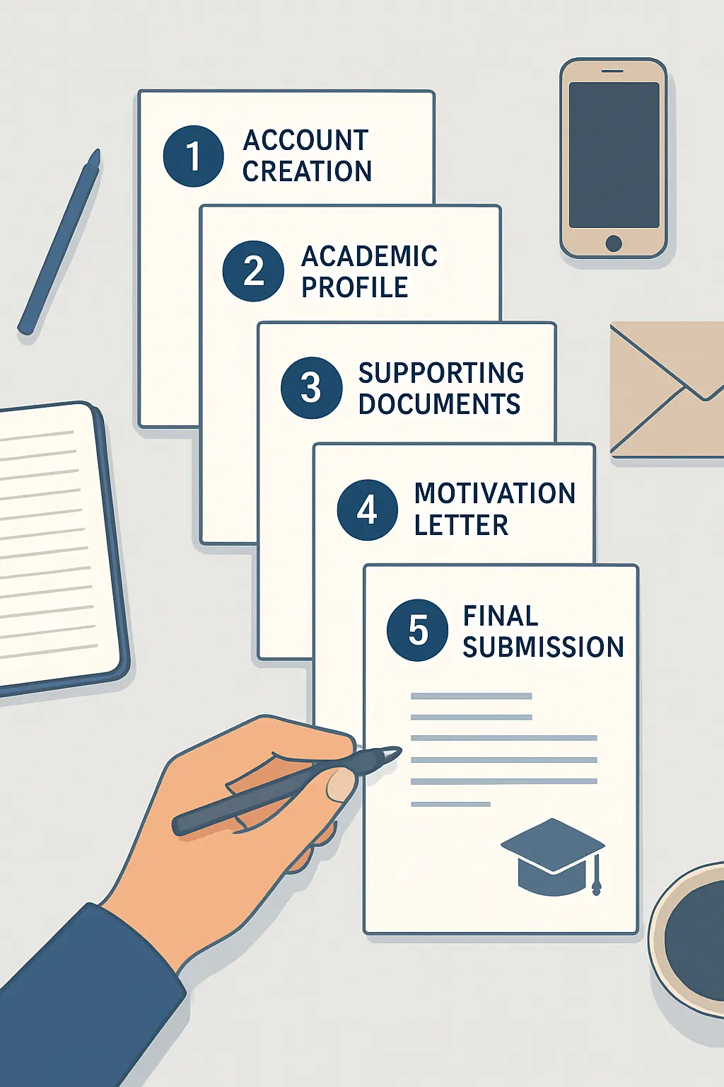 Illustration des cinq étapes de constitution du dossier de candidature Mon Master 2026 : création du compte, profil académique, pièces justificatives, lettre de motivation et validation finale