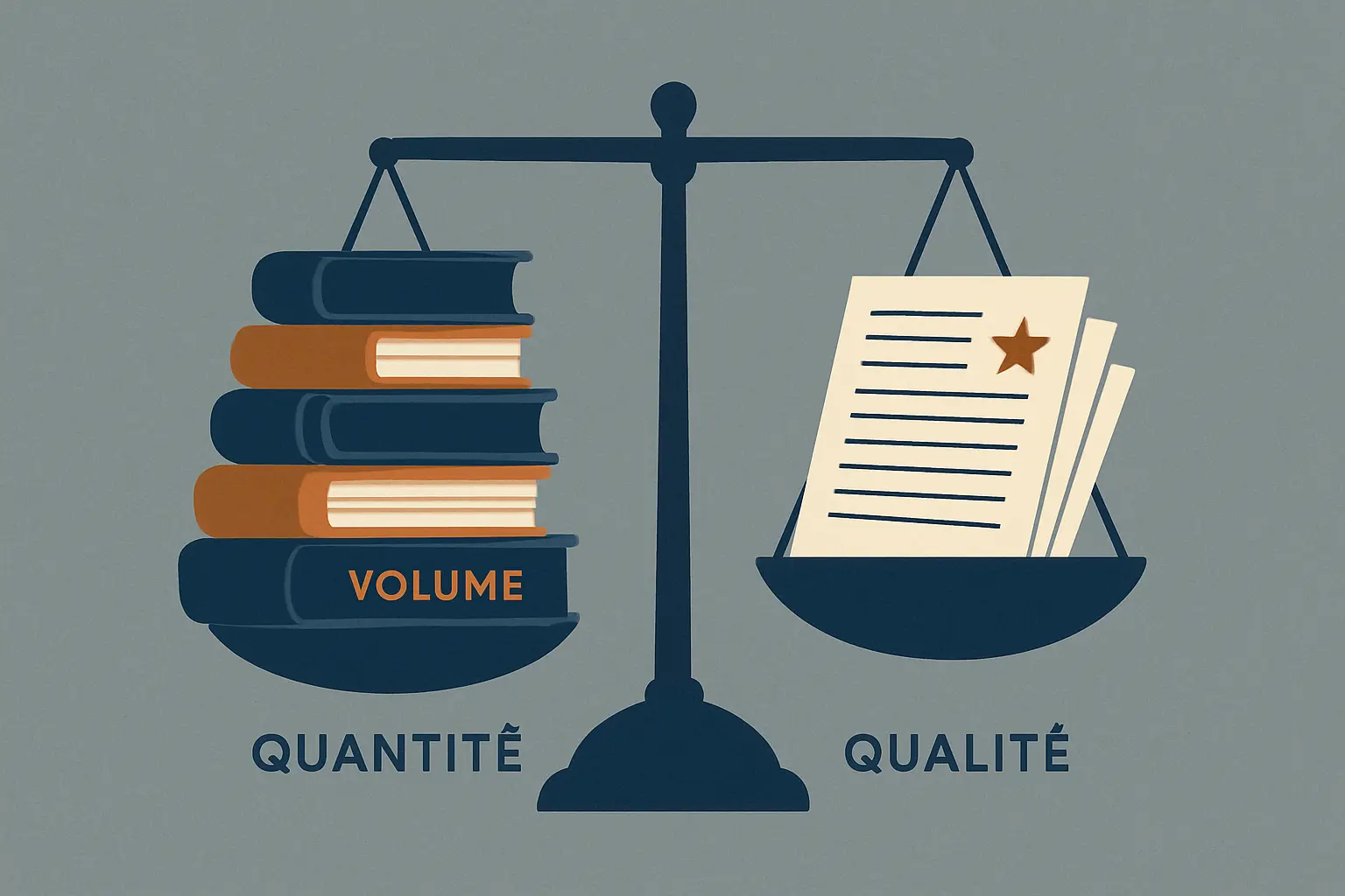 Illustration de la balance qualité-quantité pour la bibliographie d'un mémoire : des sources sélectionnées et pertinentes pèsent plus qu'un volume gonflé