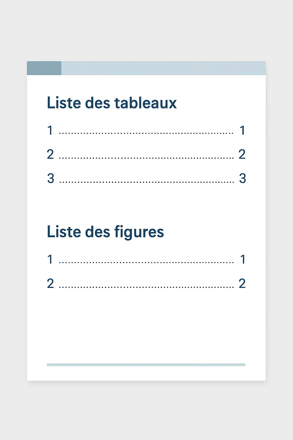 Illustration d'une page Word montrant deux listes séparées : la liste des tableaux et la liste des figures, avec numéros de page automatiques