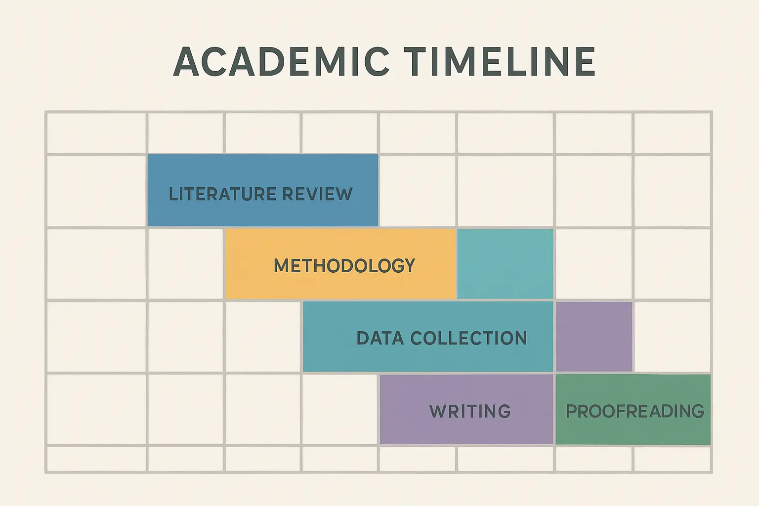 Rétroplanning visuel d'un mémoire de master sur six mois avec les phases de revue de littérature, méthodologie, collecte, rédaction et relecture