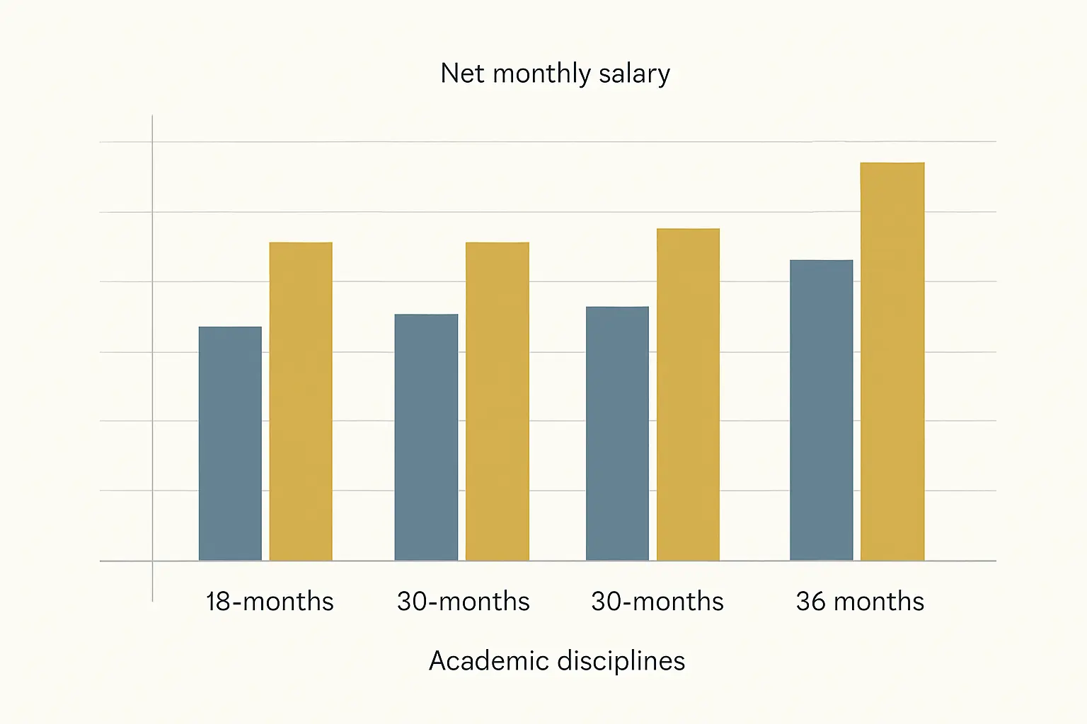 Graphique comparatif des salaires nets médians des diplômés de master par discipline à 18 et 30 mois