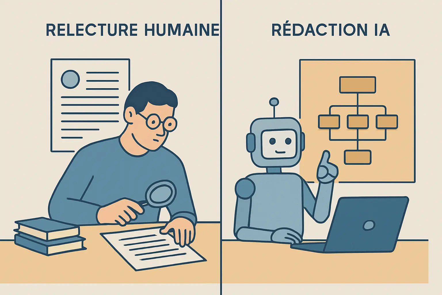 Illustration comparant la correction humaine de Scribbr et la rédaction assistée par IA de Tesify pour un mémoire