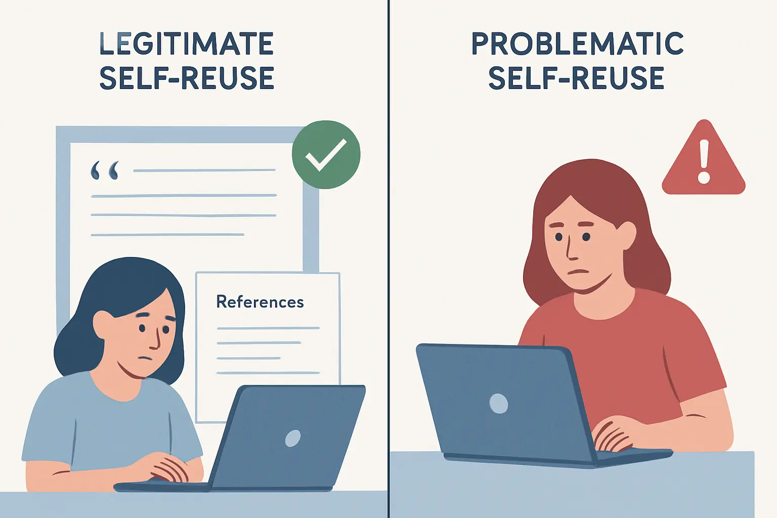 Comparaison entre réutilisation légitime (avec citation de ses propres travaux) et auto-plagiat problématique (copier-coller sans référence) dans un mémoire universitaire