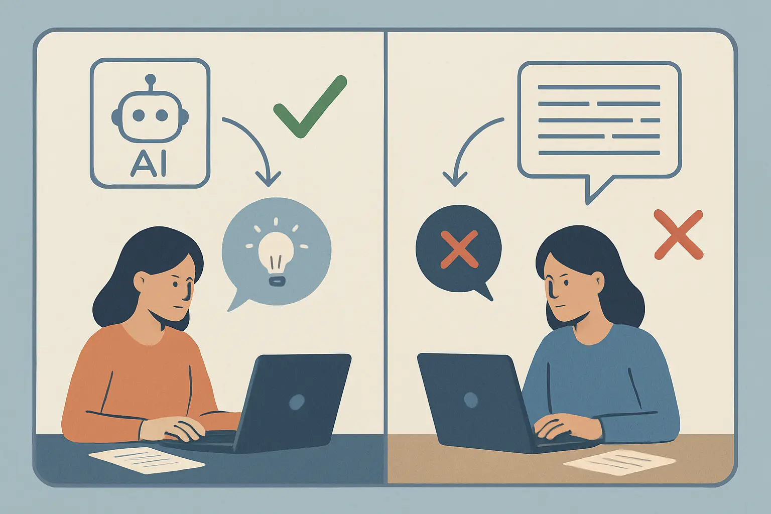Comparaison entre usage responsable et irresponsable des outils IA pour un mémoire universitaire : deux colonnes illustrant les tâches légitimes (structuration, reformulation) versus interdites (bibliographie sans vérification, copier-coller direct)
