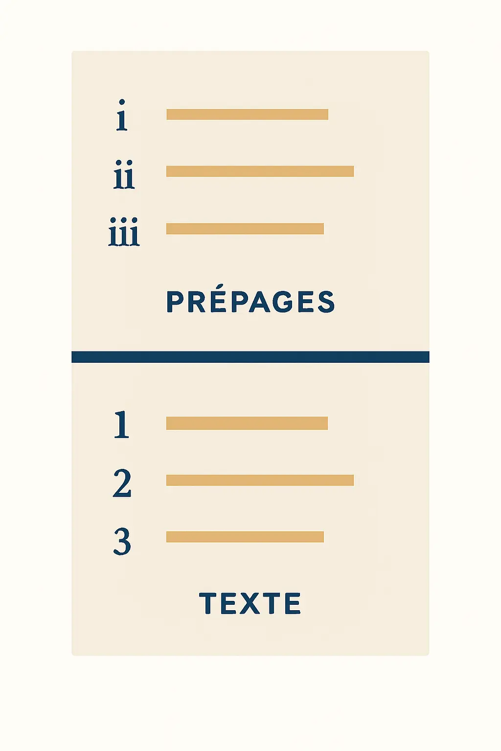 Diagramme illustrant la convention de pagination académique d'un mémoire : chiffres romains pour les pages liminaires et chiffres arabes à partir de l'introduction