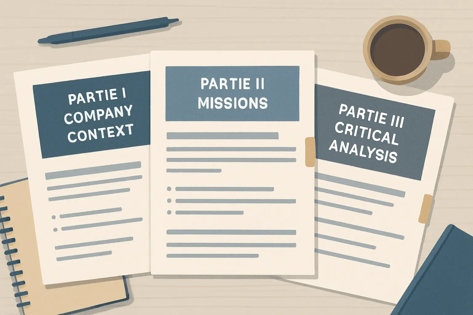Plan type d'un rapport de stage de master en trois parties : présentation de l'organisation, missions confiées, analyse et bilan critique — structure recommandée pour un stage de fin d'études