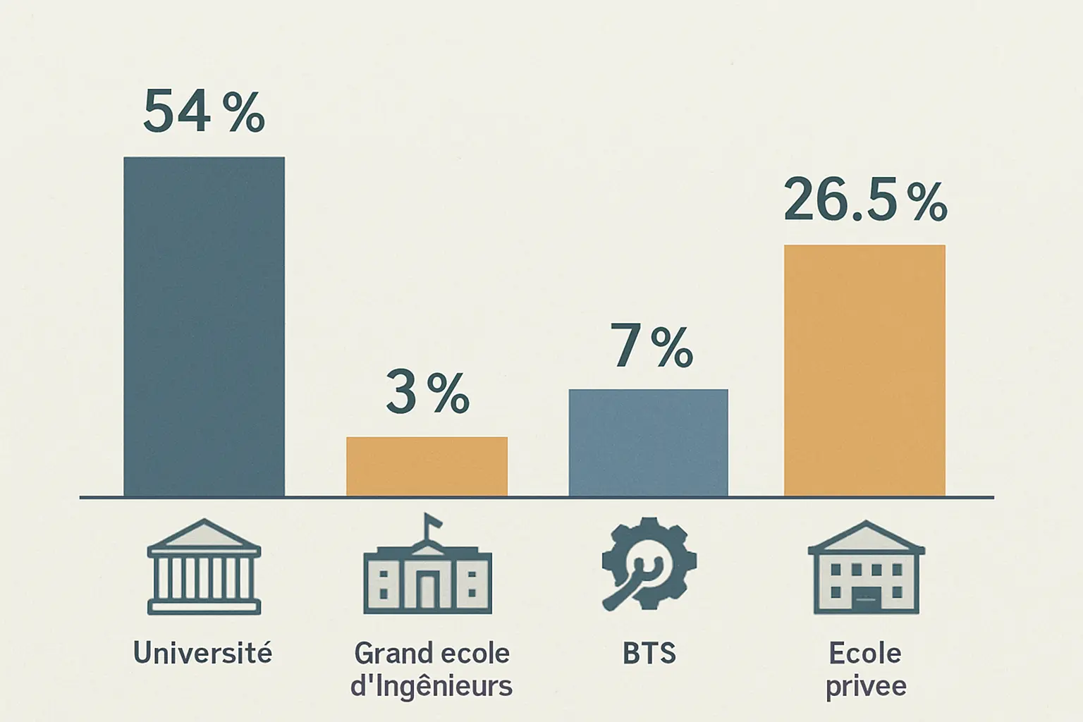 Répartition des effectifs étudiants en France par filière en 2024-2025 : universités, BTS, CPGE, grandes écoles et secteur privé