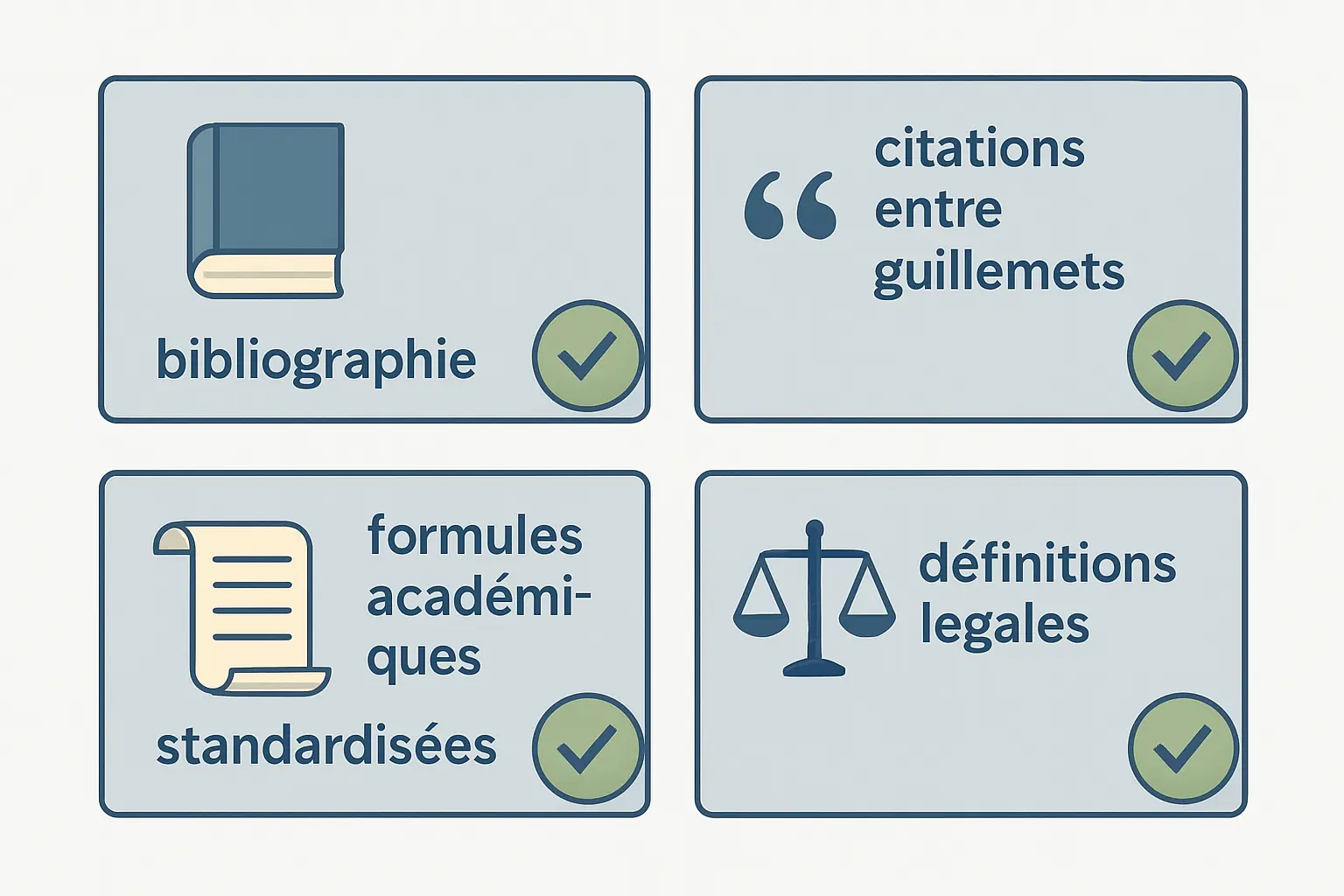 Illustration des quatre principales sources de faux positifs dans un rapport Compilatio : bibliographie, citations entre guillemets, formules académiques standardisées et définitions légales