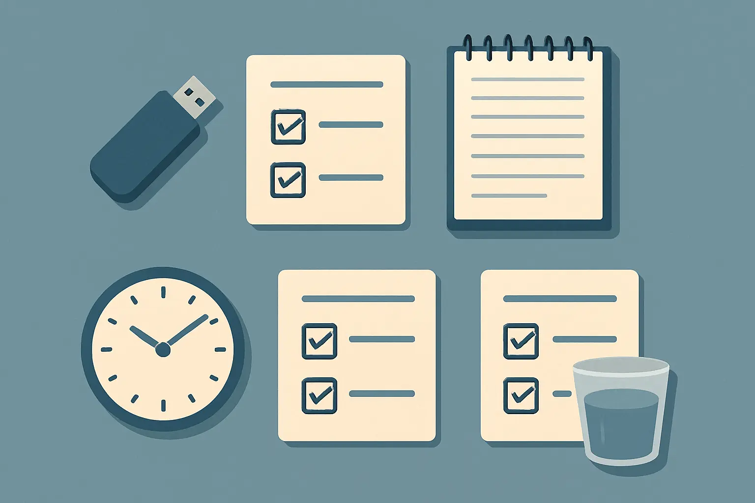 Checklist du jour J pour une soutenance de mémoire : liste de contrôle en trois colonnes — la veille, le matin et pendant la présentation — avec cases à cocher pour chaque point clé