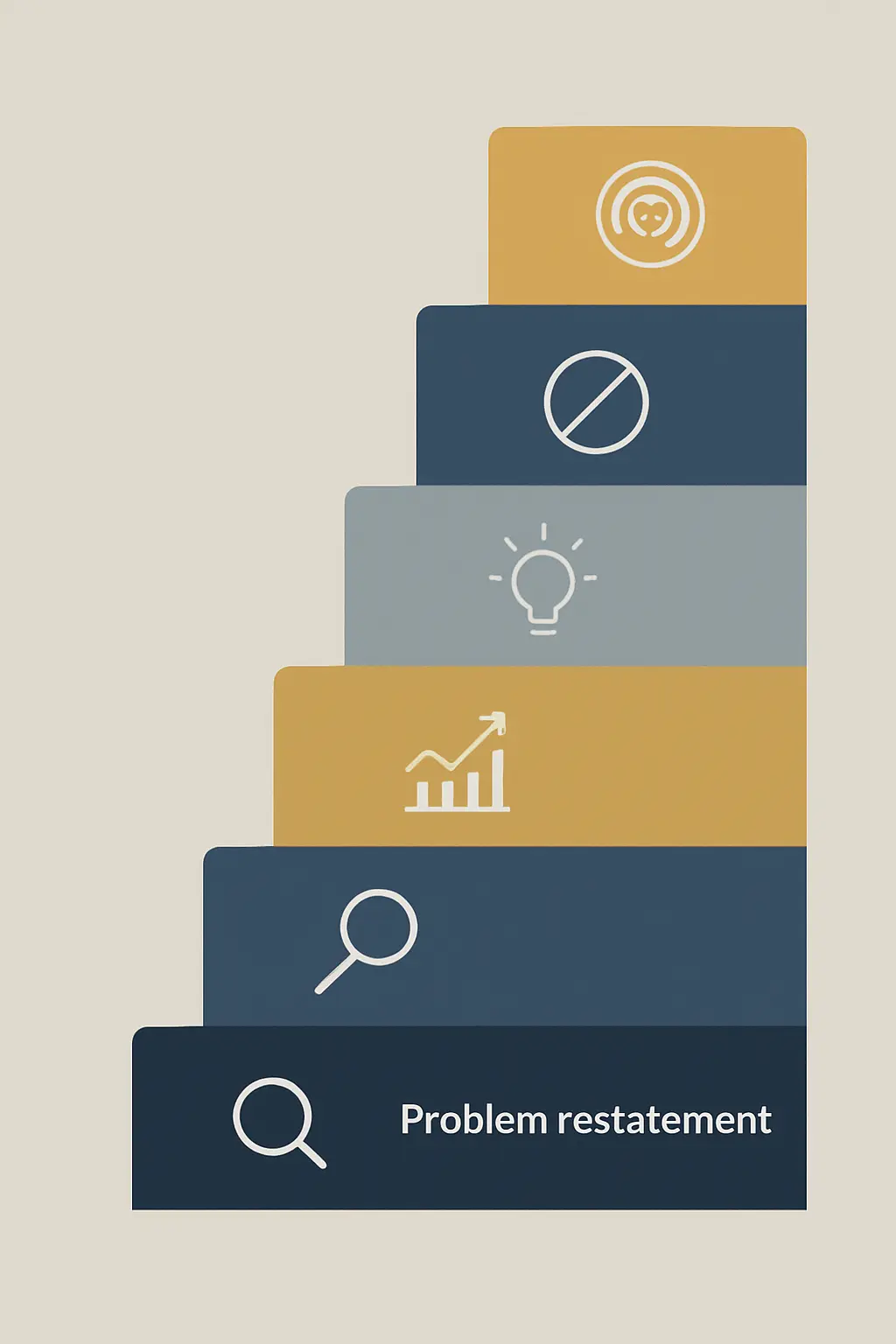 Schéma en escalier des cinq temps d'une conclusion de mémoire : rappel de la problématique, synthèse des résultats, apports, limites et ouverture