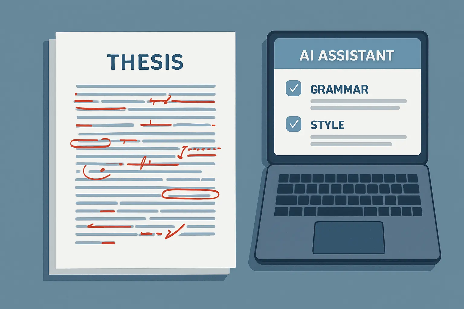 Illustration de la correction d'un mémoire universitaire assistée par intelligence artificielle, avec annotations et suggestions de style