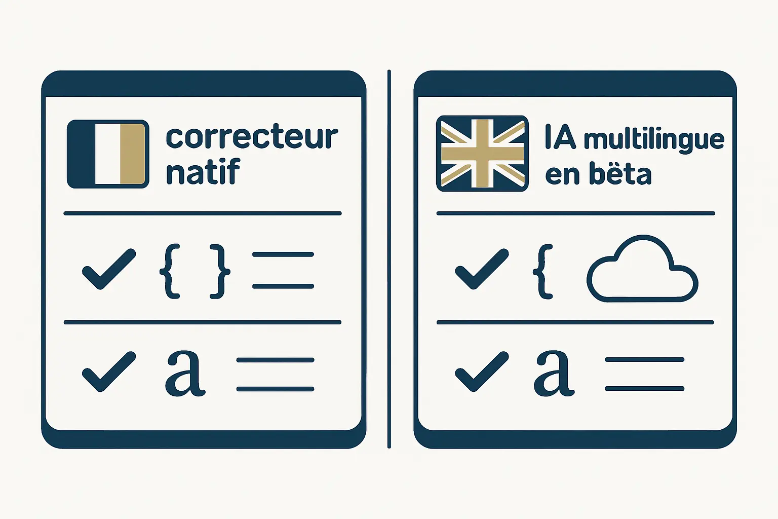 Comparaison visuelle entre correcteur natif du français (Antidote) et correcteur IA multilingue en bêta (Grammarly) pour un mémoire universitaire