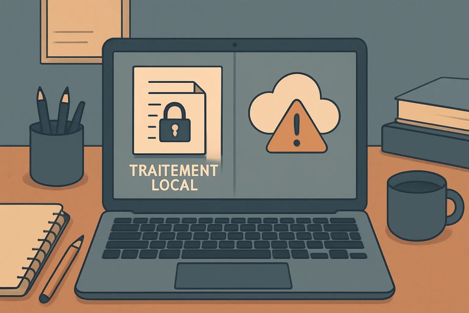 Illustration du traitement local des données (RGPD) vs envoi vers serveurs cloud pour la correction de mémoire universitaire