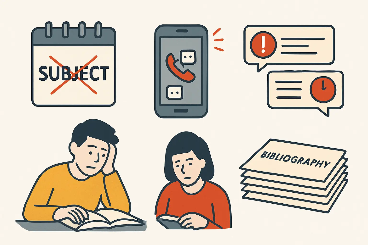 Illustration des cinq principaux facteurs qui rallongent la durée de rédaction d'un mémoire : changement de sujet, terrain difficile, directeur peu disponible, procrastination et mise en forme tardive