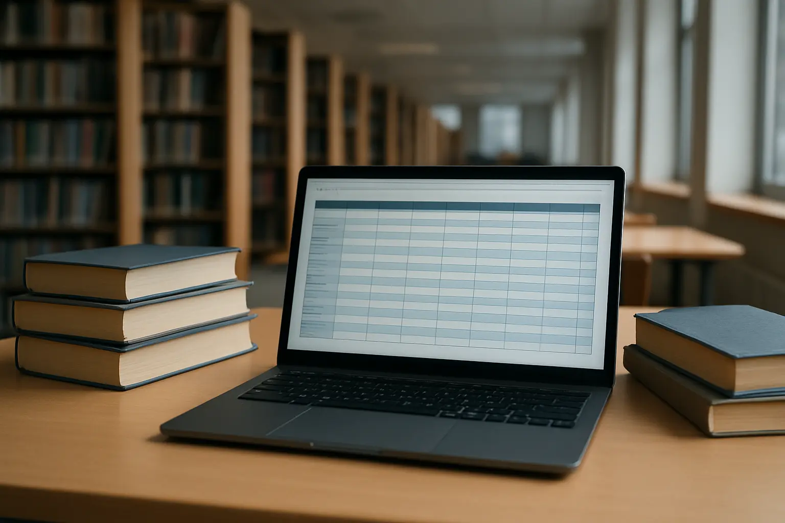 Tableau comparatif de sources académiques affiché sur un écran d'ordinateur dans une bibliothèque universitaire