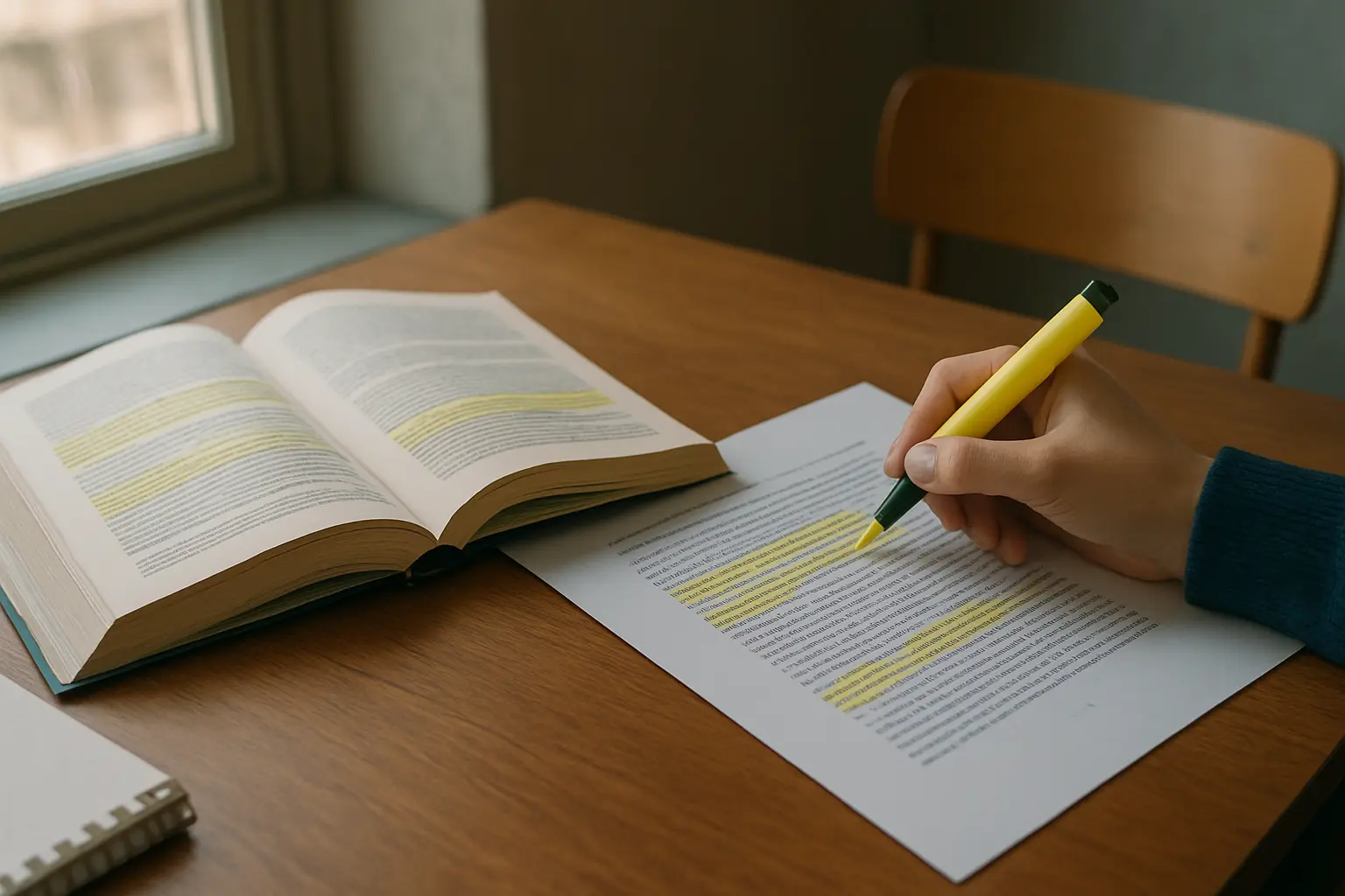 Étudiante en psychologie comparant un manuel de référence et son mémoire avec des passages surlignés
