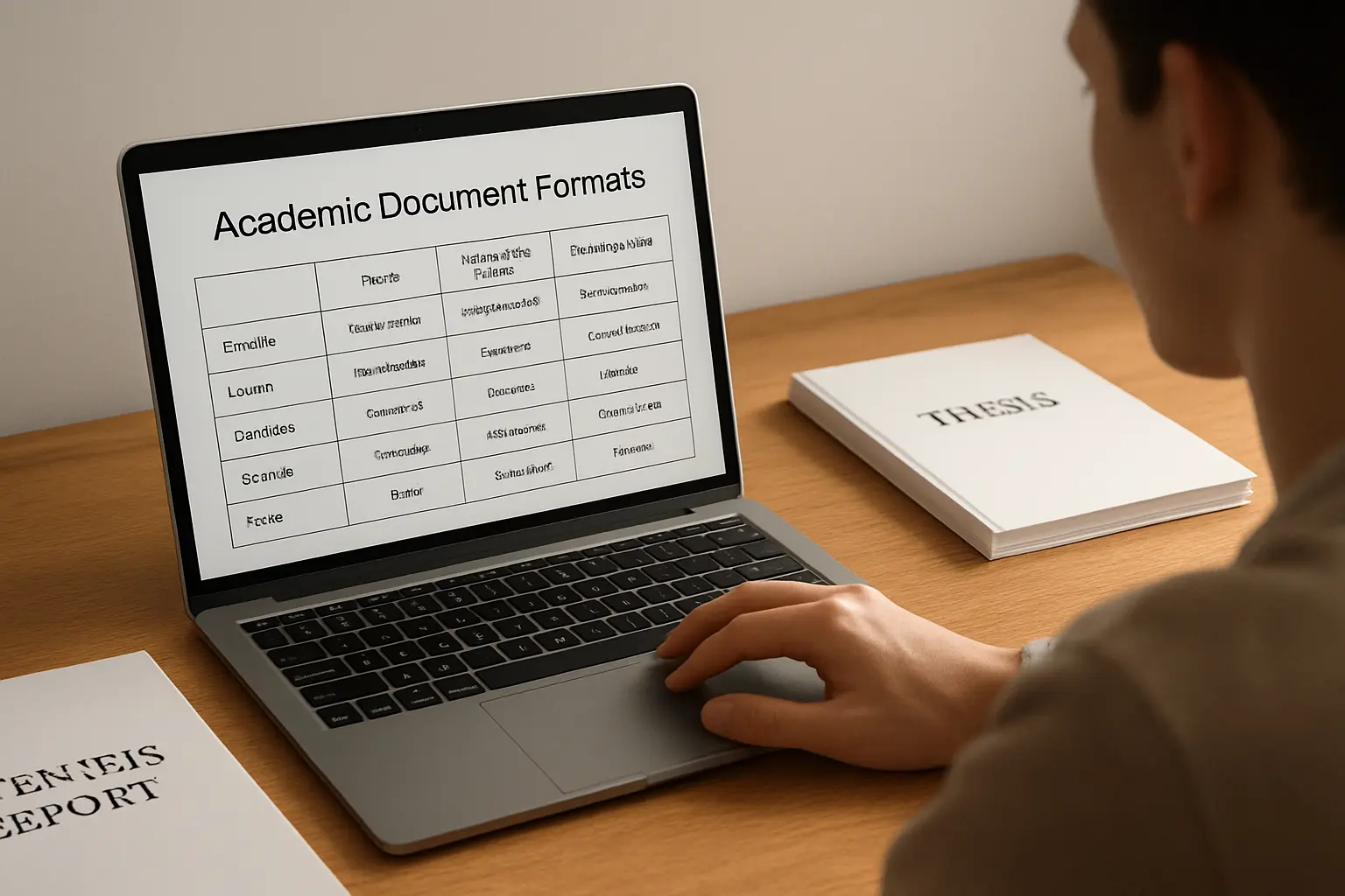 Étudiant consultant un tableau comparatif entre mémoire, thèse et rapport de stage sur un ordinateur portable