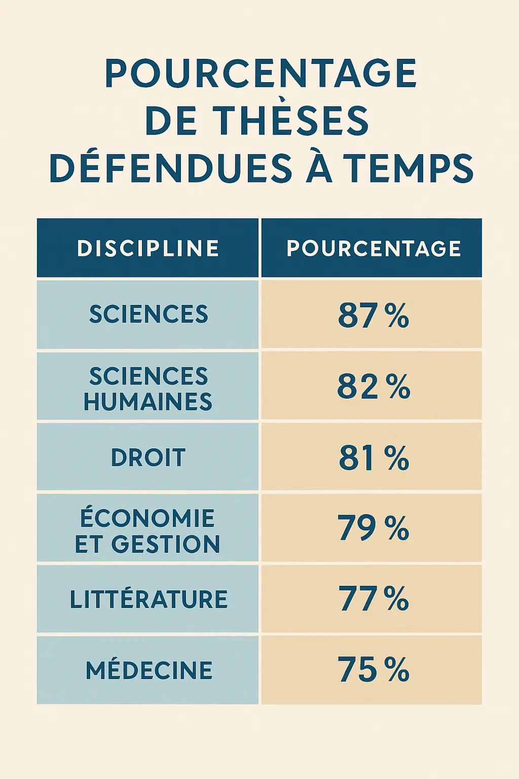 Tableau statistique montrant la part des thèses soutenues dans les délais par discipline