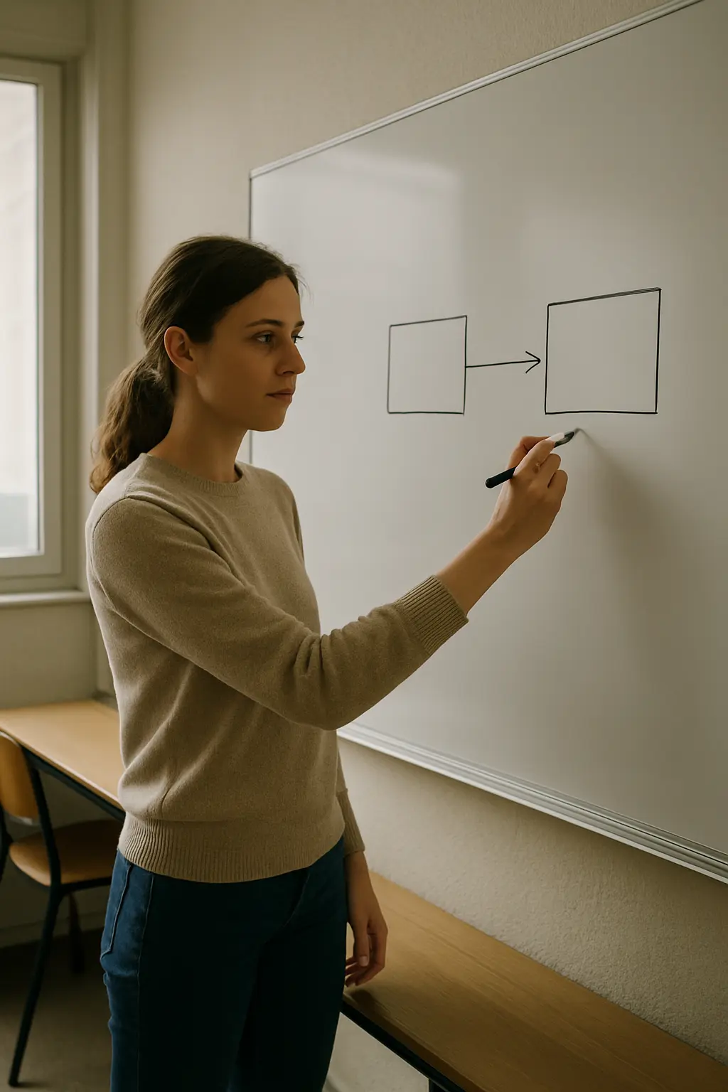 Étudiante en psychologie annotant un protocole expérimental avec variables indépendante et dépendante sur un tableau blanc