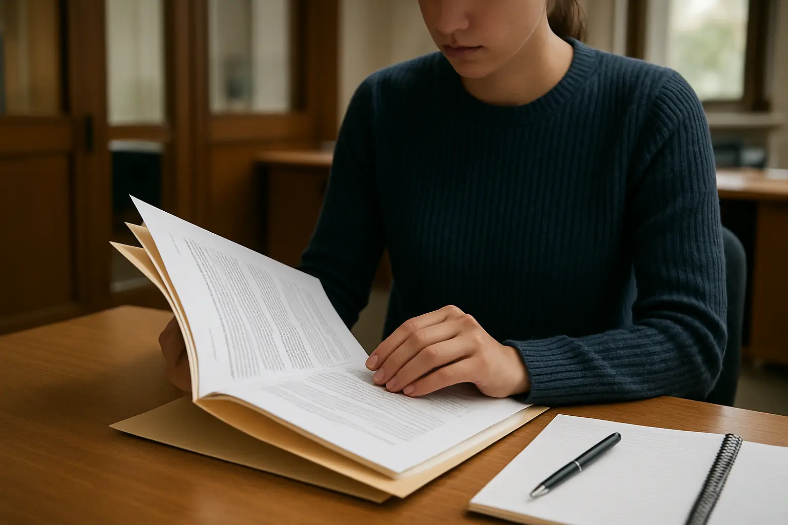 Étudiant consultant des documents administratifs avant une audition disciplinaire