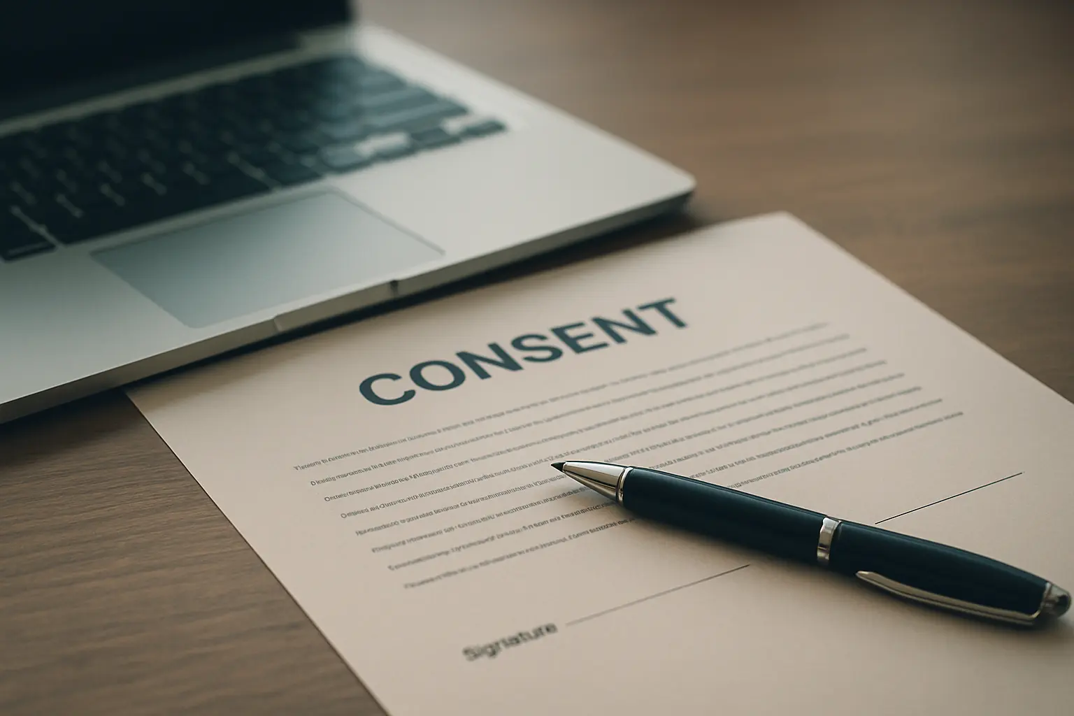Formulaire de consentement éclairé et fiche d'information RGPD posés à côté d'un ordinateur portable