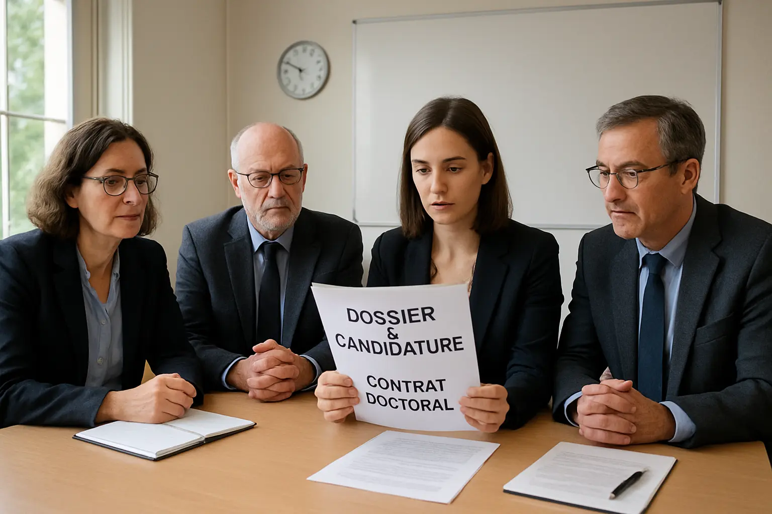 Jury d'école doctorale évaluant un dossier de candidature à un contrat doctoral autour d'une table de réunion
