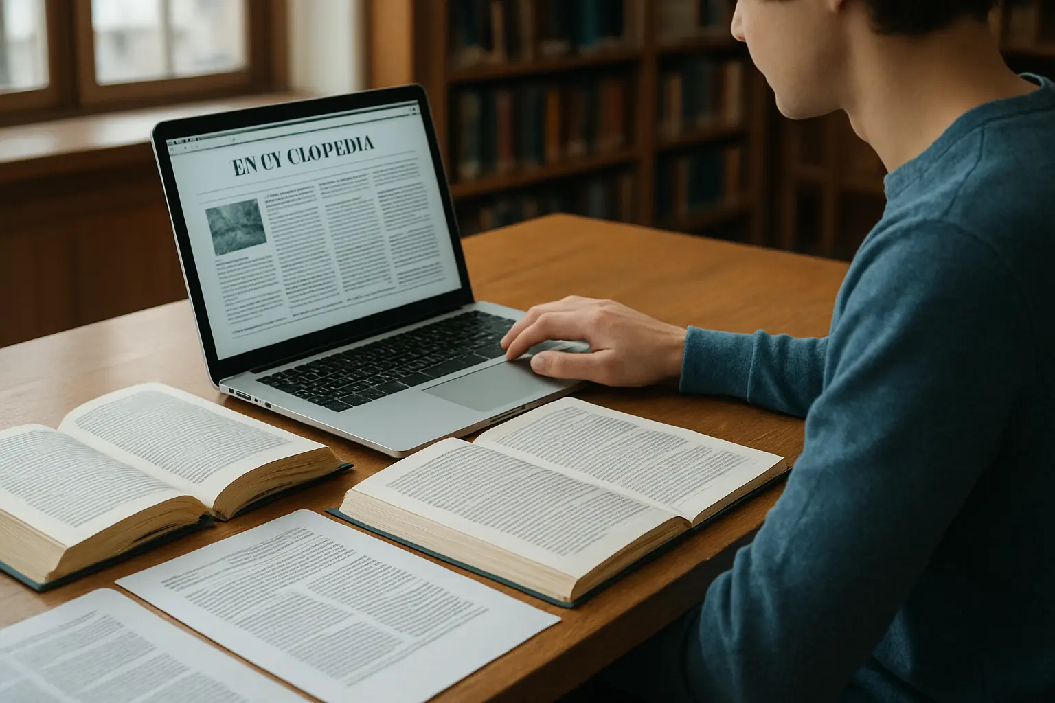 Étudiante consultant un article Wikipédia sur un ordinateur portable puis vérifiant les sources en bibliothèque universitaire