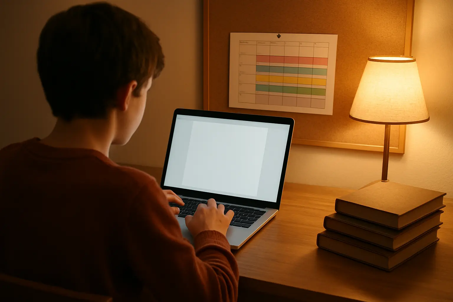 Étudiant travaillant sur son mémoire avec un planning affiché à côté de son ordinateur