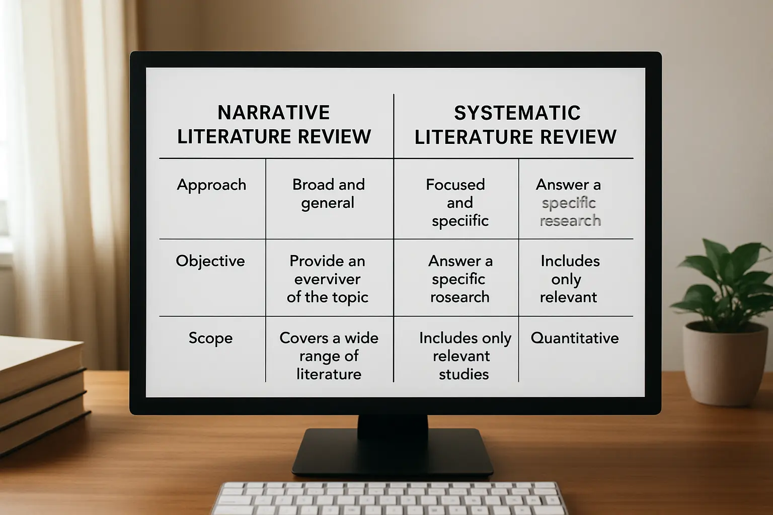 Tableau comparatif affiché sur un écran d'ordinateur entre revue narrative et revue systématique de littérature