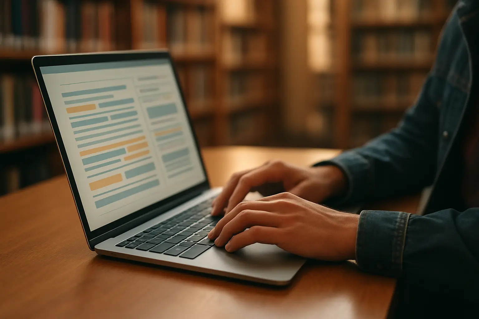 Étudiant consultant un rapport de similitude sur un ordinateur portable dans une bibliothèque universitaire