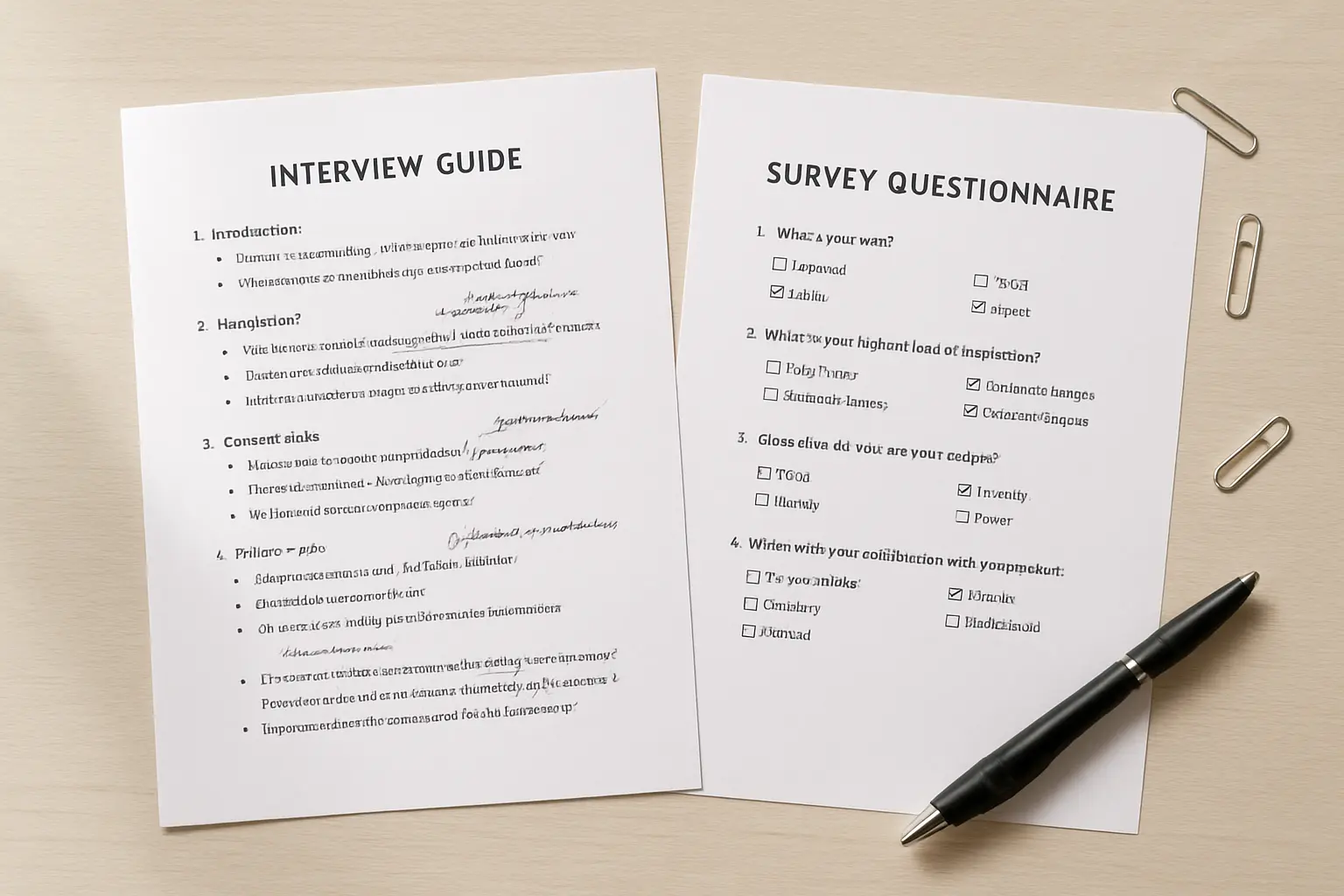 Guide d'entretien et questionnaire papier annotés, documents typiques placés en annexe d'un mémoire