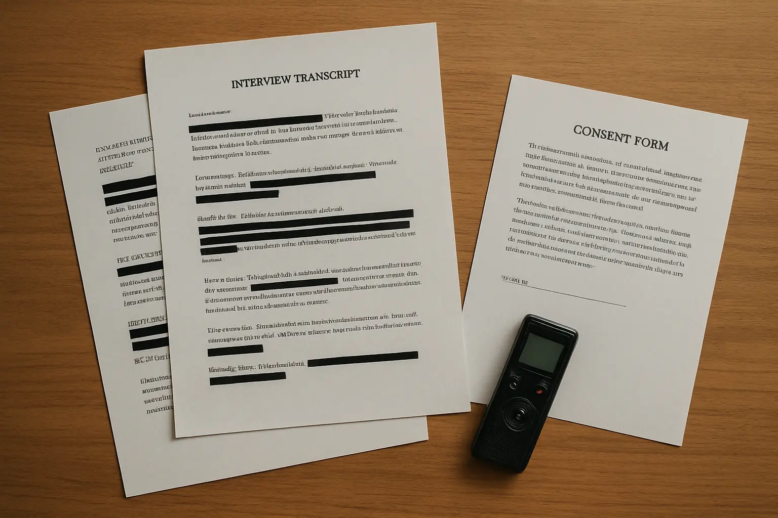 Transcriptions d'entretiens de mémoire avec noms caviardés, dictaphone et formulaire de consentement