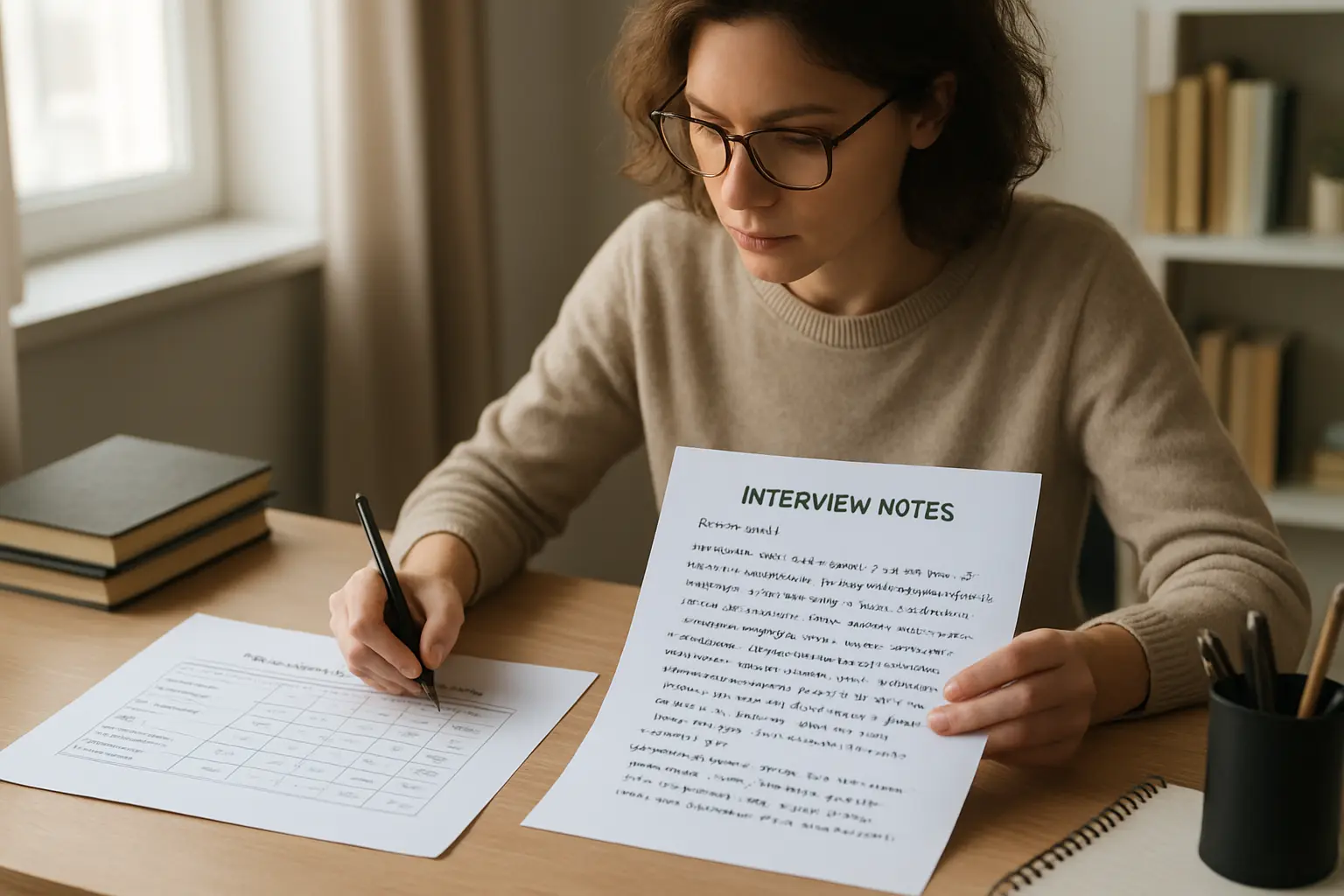 Chercheur consultant côte à côte un tableau de statistiques quantitatives et des notes d'entretiens qualitatifs