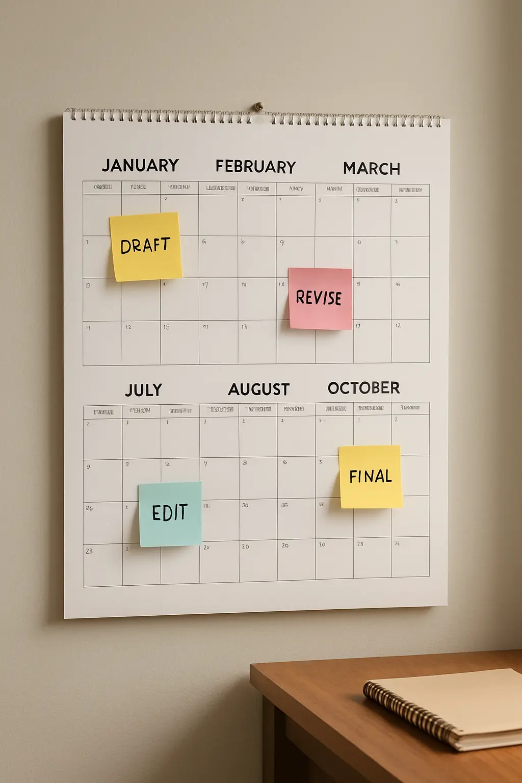 Calendrier mural montrant les jalons mensuels de rédaction d'un mémoire de master