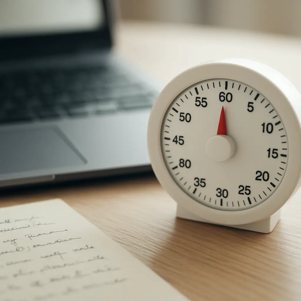 Minuteur de cuisine posé à côté d'un ordinateur portable pendant une session d'écriture chronométrée