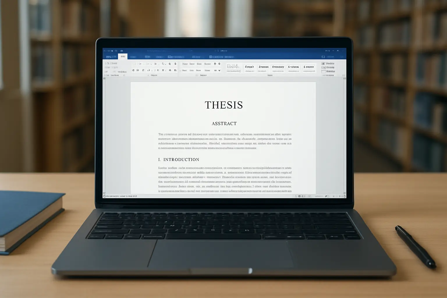Document Word montrant un mémoire mis en page avec styles de titres, en-tête et pied de page visibles