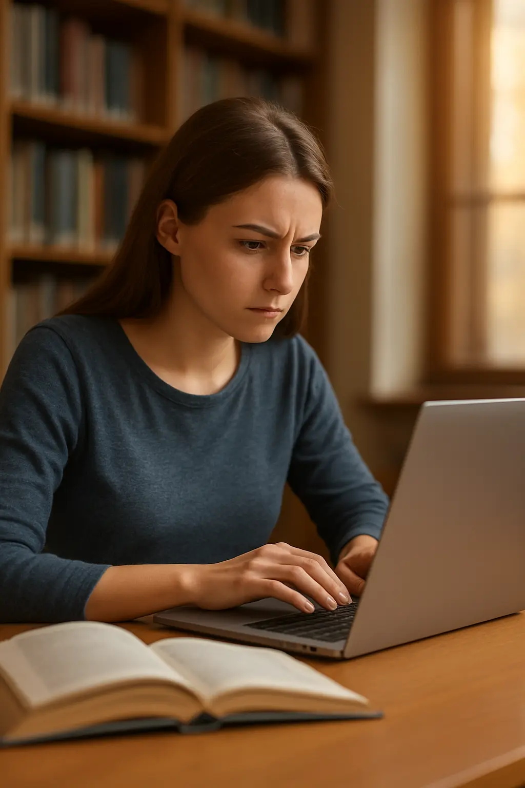 Étudiante relisant l'abstract de son mémoire sur un ordinateur portable dans une bibliothèque