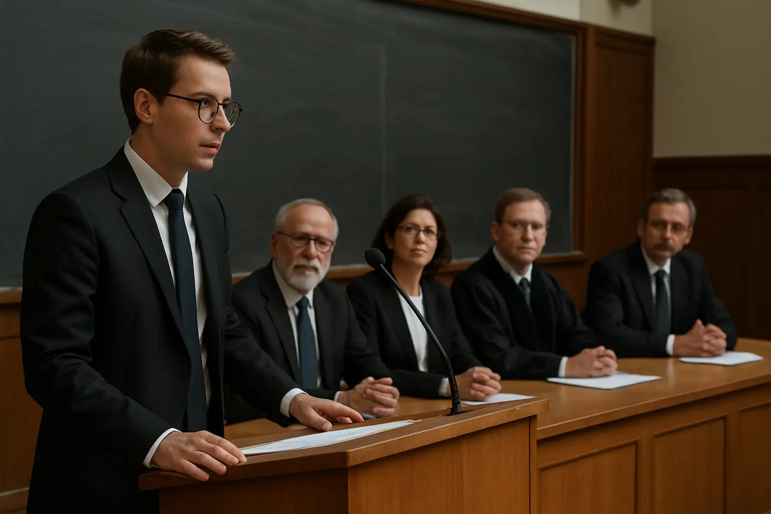 Doctorant présentant ses travaux devant un jury lors d'une soutenance de thèse