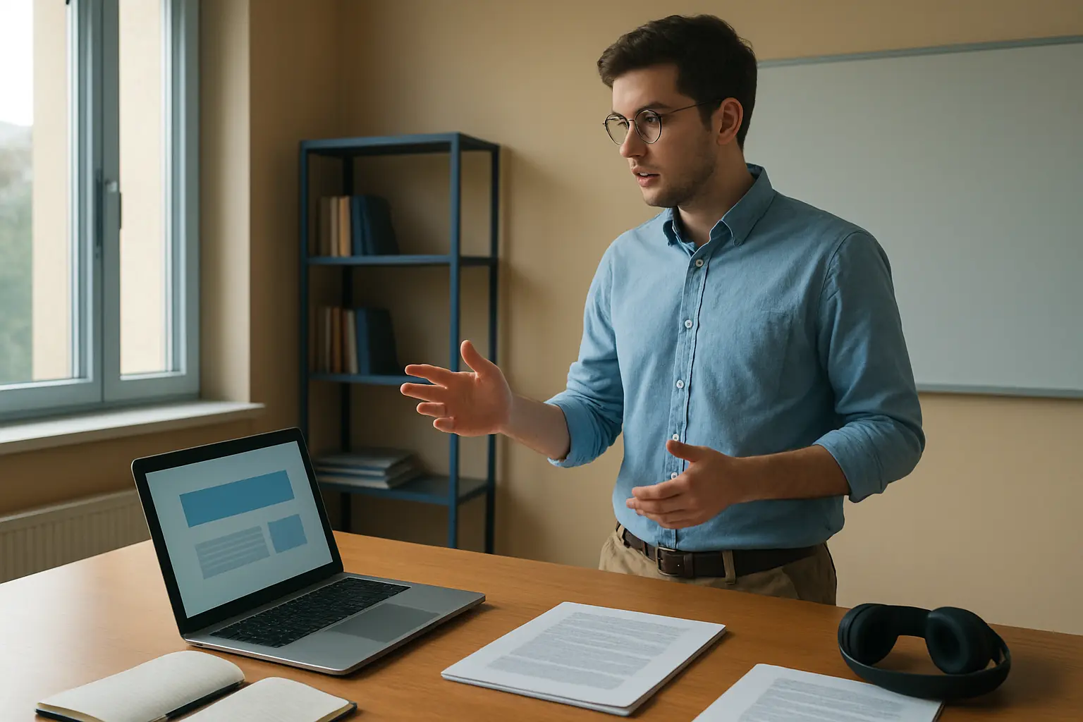 Étudiant s'entraînant à l'oral face à un ordinateur portable avec un diaporama de soutenance affiché