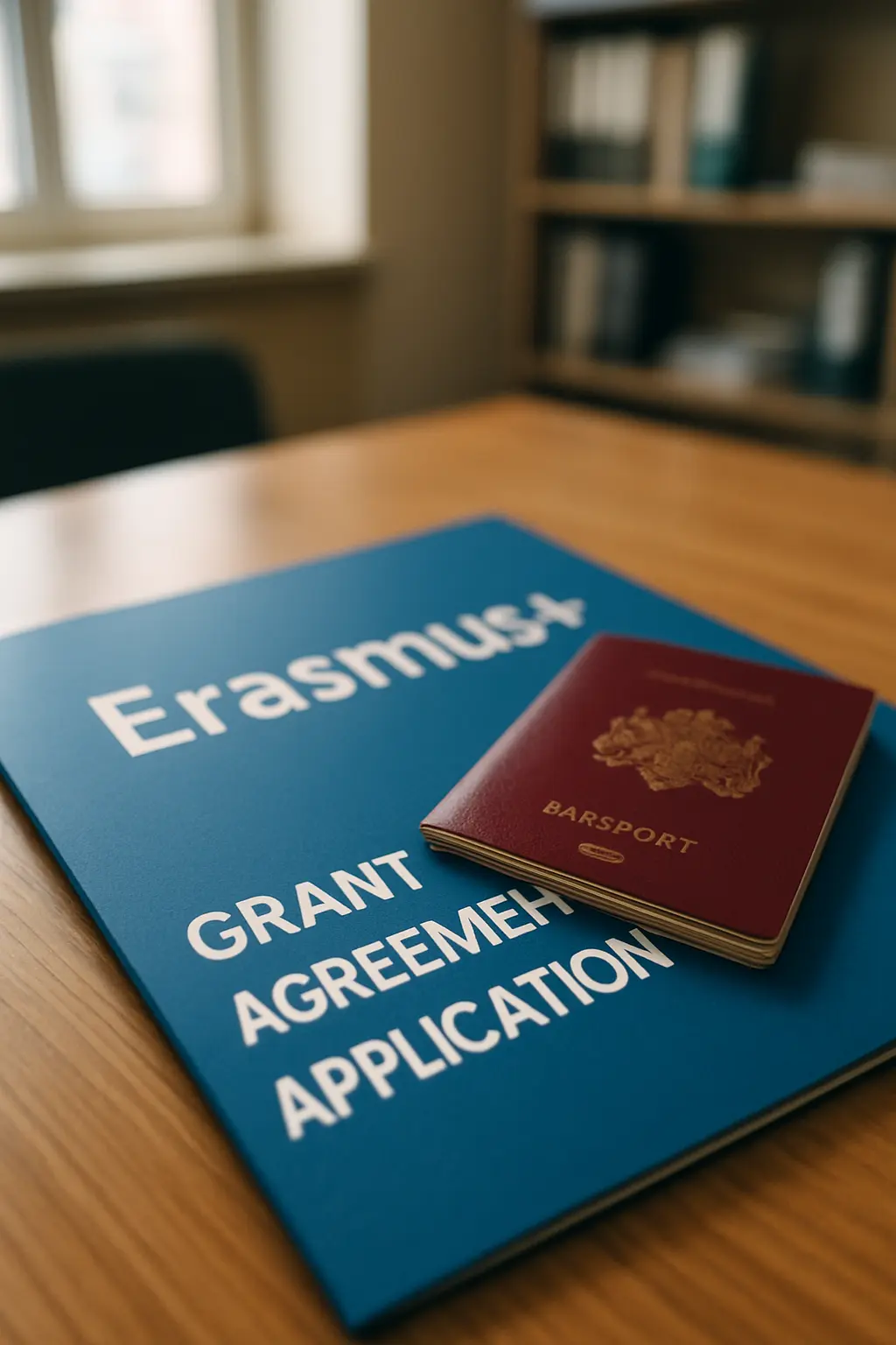 Dossier de candidature Erasmus+ avec convention de subvention et passeport sur un bureau