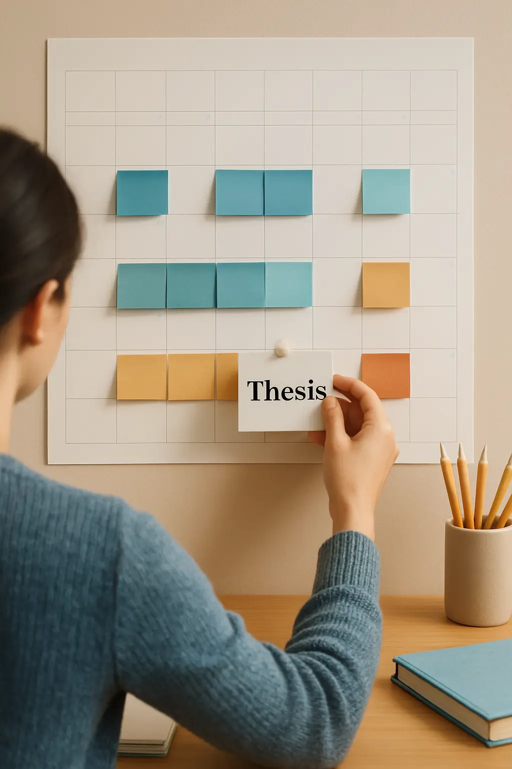 Étudiant organisant un calendrier de rédaction de mémoire avec des jalons datés sur un mur