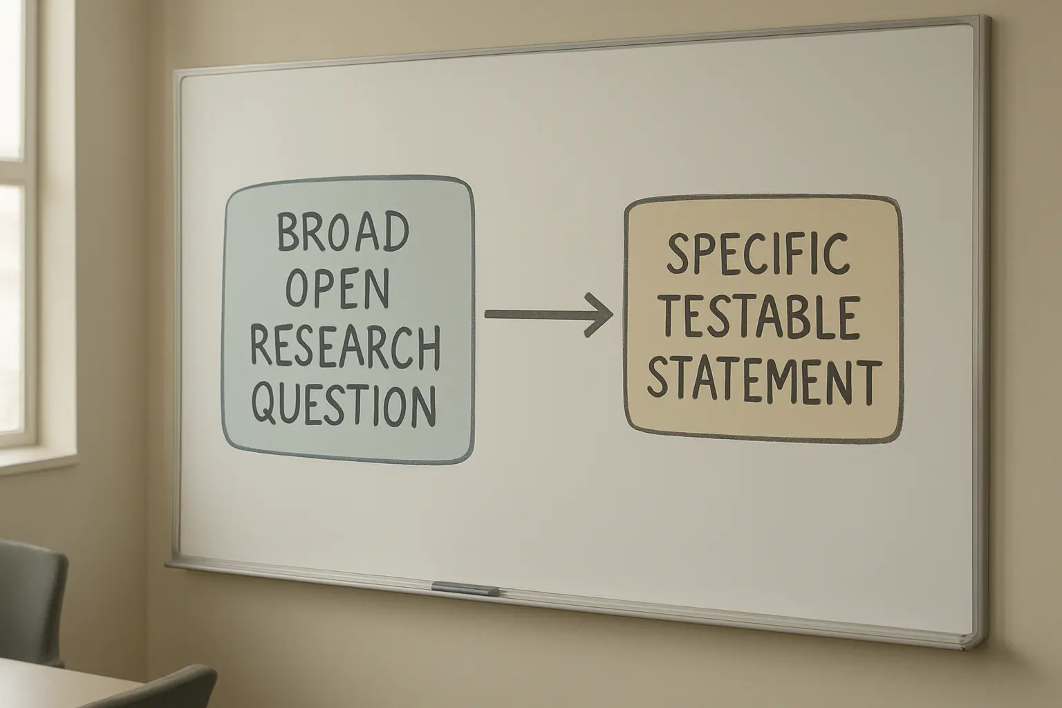 Schéma sur tableau blanc reliant une problématique de recherche à ses hypothèses testables