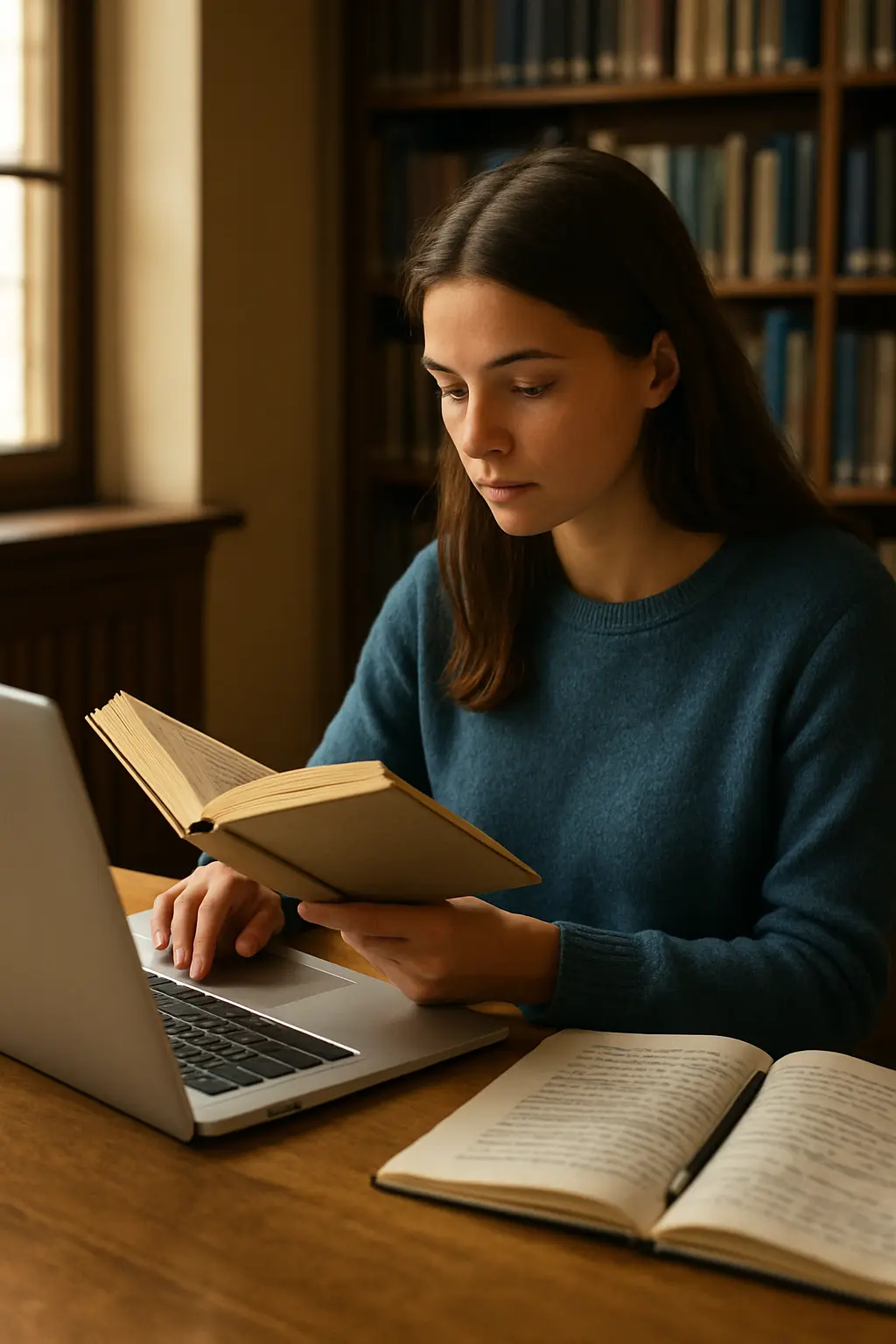 Étudiante en psychologie consultant un manuel APA 7 et rédigeant sa bibliographie sur ordinateur