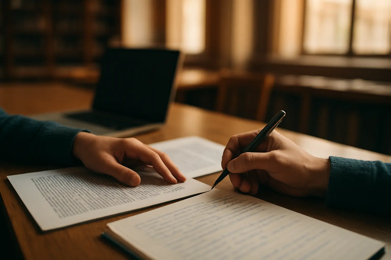 Étudiant vérifiant une citation et sa source avant de reformuler un passage dans son mémoire