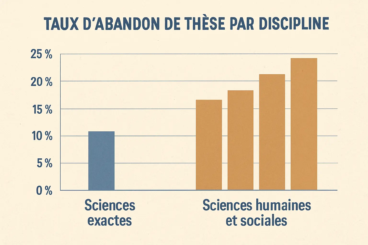 Graphique comparant le taux d'abandon en thèse par grande discipline en France