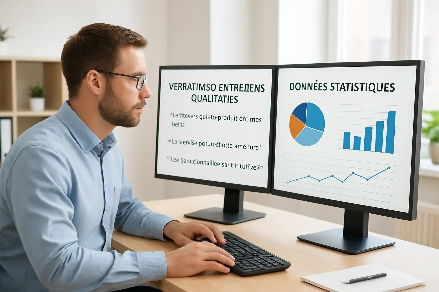 Chercheur comparant des données qualitatives et quantitatives sur un écran d'ordinateur