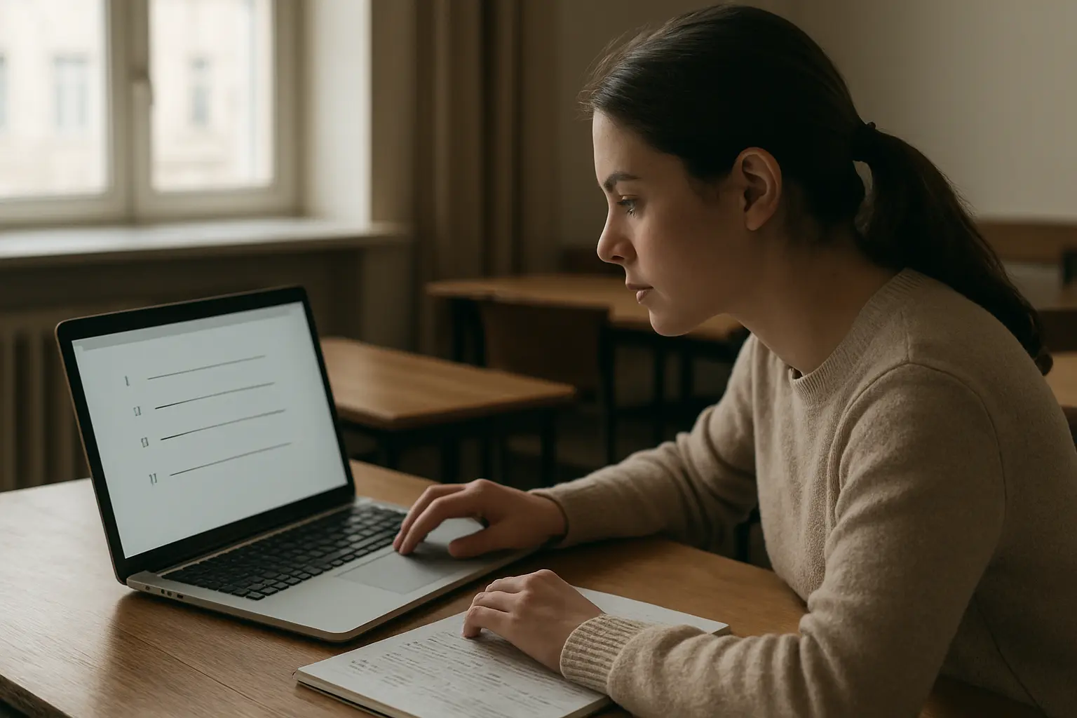 Étudiante en psychologie consultant un plan de mémoire structuré selon IMRaD sur un ordinateur portable
