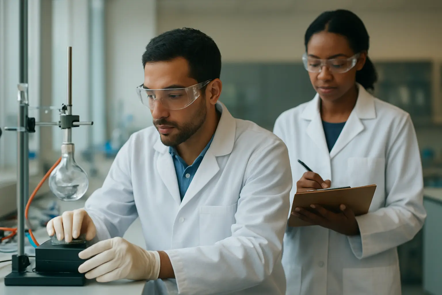 Laboratoire de recherche universitaire avec chercheurs travaillant sur des équipements scientifiques