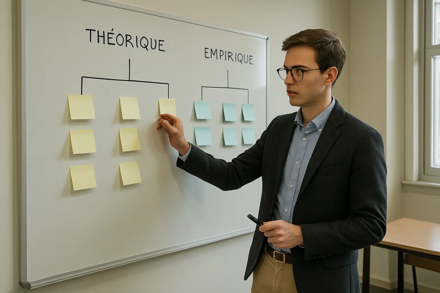 Étudiant en économie-gestion organisant son plan de mémoire entre partie théorique et partie empirique sur un tableau blanc