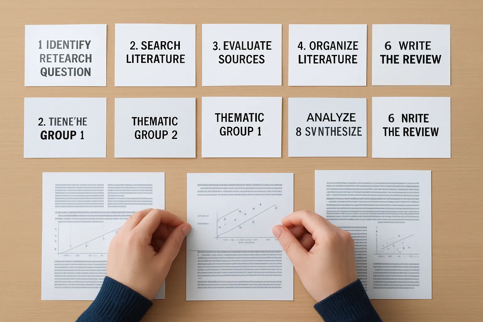 Étudiant organisant des fiches de lecture et des articles scientifiques sur un bureau pour une revue de littérature